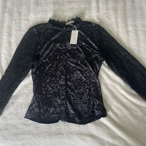 Moon River Whimsical Black Velvet Lace Sleeve Blouse